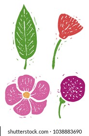 Flower, leaf linocut linocut illustration, draw, ink, vector