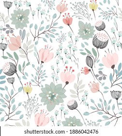 
Flower and leaf pattern in tropical green and pink tones and pastels with seamless background