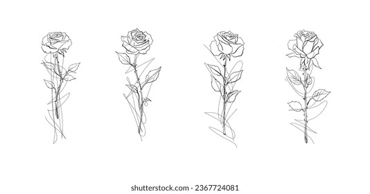 Flower and leaf rose hand draw sketch black and white with line art - Shutterstock ID 2367724081