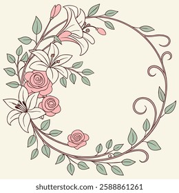 flower and leaf round frame illustration