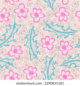 Flower leaf rustic seamless vector pattern design. Pink flowers turquoise leaves over beige background. Hand drawn style illustration.