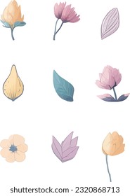 Conjunto De Flores Y Hojas, Conjunto De Diseño De Flor De Acuarela Vectora
