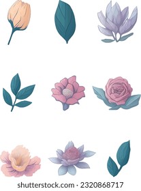 Flower And Leaf Set, Vector Watercolor Flower Design Set