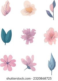 Conjunto De Flores Y Hojas, Conjunto De Diseño De Flor De Acuarela Vectora