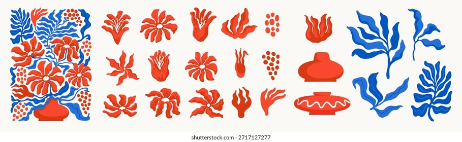 Blumen- und Blattvektorsammlung mit abstraktem groovigem Stil in Rot und Blau. Blumenfrühlingselemente und Wildblumenset für dekorative Karten, Poster, Drucke und kreative Designprojekte