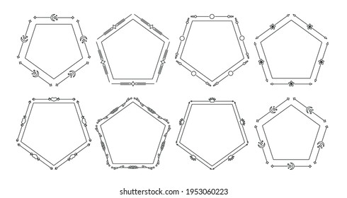 Flower and leaf vector line frames pentagon, dividers on isolated white. Decorative ornaments for scrapbook, card, book, wedding invate, menu or certificate. Chapter decorations and delimiters set.