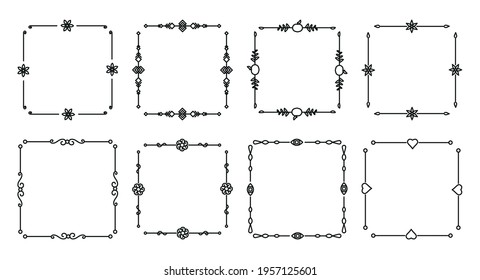 Flower and leaf vector line frames square, dividers on isolated white. Decorative ornaments for scrapbook, card, book, wedding invate, menu or certificate. Chapter decorations and delimiters set.