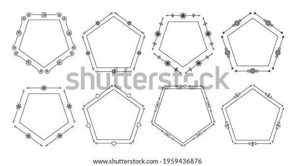 Flower and leaf vector line frames pentagon,\
dividers on isolated white. Decorative ornaments for scrapbook,\
card, book, wedding invate, menu or certificate. Chapter\
decorations and delimiters\
set.