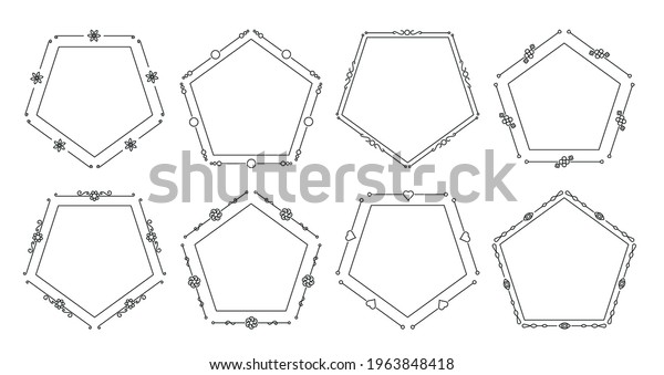 Flower and leaf vector line frames pentagon,\
dividers on isolated white. Decorative ornaments for scrapbook,\
card, book, wedding invate, menu or certificate. Chapter\
decorations and delimiters\
set.