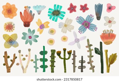 Flower and leaf watercolor painting vector illustration set isolated on a white background.