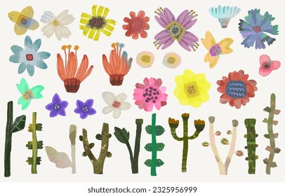 Flower and leaf watercolor painting vector illustration set isolated on a white background.