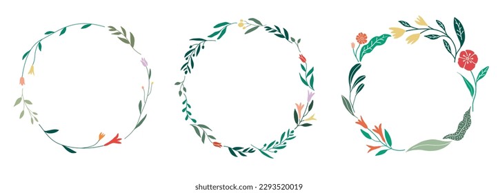 Flower and leaf wreath frame. Botanical garland, border decoration. Wildflower and herbs branch vector illustration. Great for wedding invitation, greeting car, graphic element.