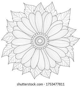 
Flower with leaf.Coloring book antistress for children and adults. Illustration isolated on white background.Black and white drawing.Zen-tangle style.