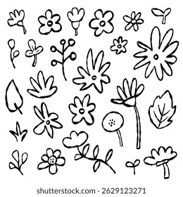 Flower Leafs Cute Kid style hand drawn Black ink color Bundle set