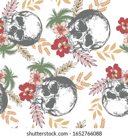 flower with leave and branches skull hand draw design seamless pattern