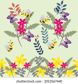 flower leaves with bee butterfly