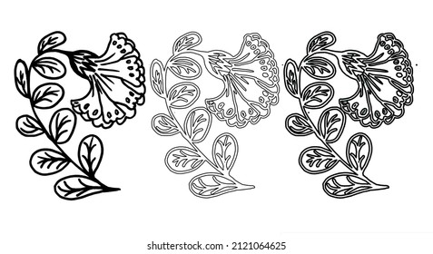 Flower with leaves, with black and double stroke, freehand drawing, on a white background, for printing and coloring