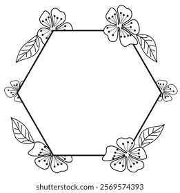 Flower and leaves  border square frame black line drawing vector illustration