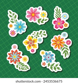 Flower and leaves cartoon stickers in retro colors, grid paper background. For diary, surface etc