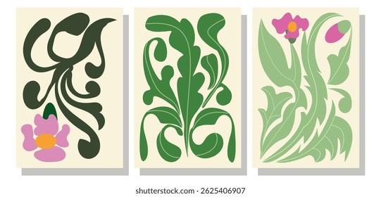 Flower and leaves doodle art design vector, vector print. Stylized flower shapes, flat design, bold green and pink tones. Suitable for wall art, textile patterns, or spring-themed events.