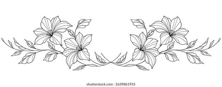 flower and leaves drawing. Vector hand drawn engraved floral card. Botanical, branch and flower Black ink sketch. Great for tattoo, invitations, greeting cards, decor 