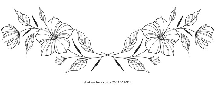 flower and leaves drawing. Vector hand drawn engraved floral card. Botanical, branch and flower Black ink sketch. Great for tattoo, invitations, greeting cards, decor