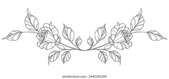 flower and leaves drawing. Vector hand drawn engraved floral card. Botanical, branch and flower Black ink sketch. Great for tattoo, invitations, greeting cards, decor