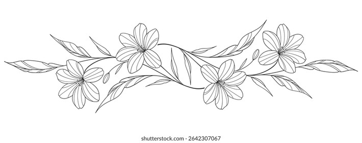 flower and leaves drawing. Vector hand drawn engraved floral card. Botanical, branch and flower Black ink sketch. Great for tattoo, invitations, greeting cards, decor
