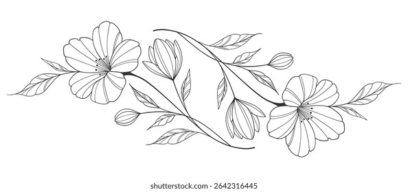 flower and leaves drawing. Vector hand drawn engraved floral card. Botanical, branch and flower Black ink sketch. Great for tattoo, invitations, greeting cards, decor
