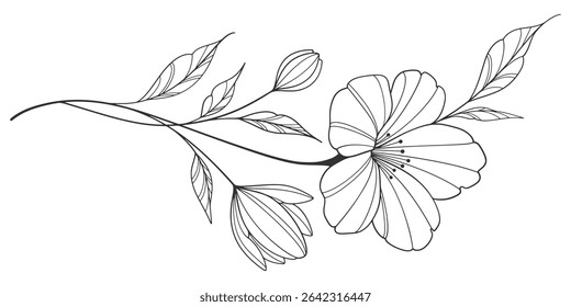 Blumen- und Blätterzeichnung. Hand gezeichnete Blumenkarte. Botanische, Zweig und Blume Schwarze Tinte Skizze. Ideal für Tätowierungen, Einladungen, Grußkarten, Dekoration