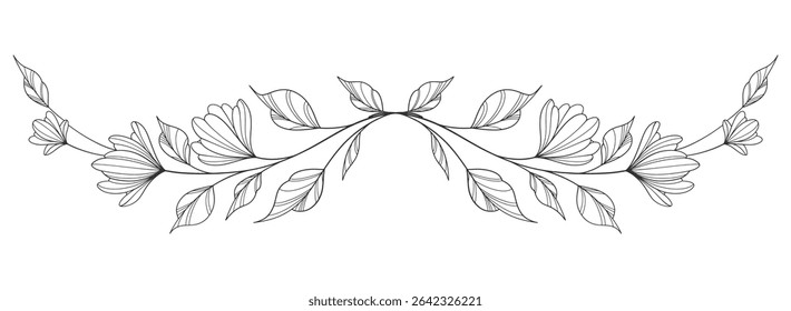 flower and leaves drawing. Vector hand drawn engraved floral card. Botanical, branch and flower Black ink sketch. Great for tattoo, invitations, greeting cards, decor