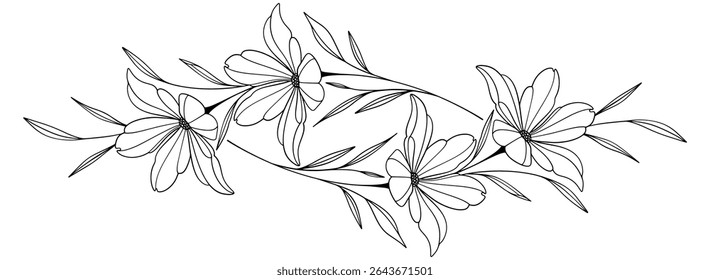 desenho de flores e folhas. Cartão floral gravado desenhado à mão vetor. Botânico, ramo e flor Tinta preta esboço. Ótimo para tatuagem, convites, cartões de saudação, decoração