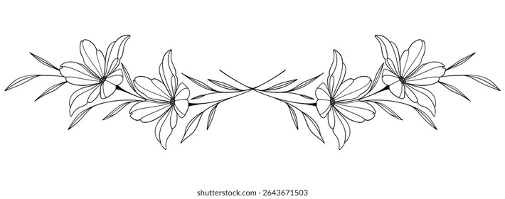 flower and leaves drawing. Vector hand drawn engraved floral card. Botanical, branch and flower Black ink sketch. Great for tattoo, invitations, greeting cards, decor
