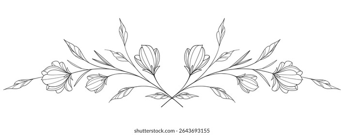 Dibujo de flores y hojas. Tarjeta floral grabada dibujada a mano de Vector. Botánico, rama y flor Boceto de tinta negra. Grande para el tatuaje, invitaciones, tarjetas de felicitación, decoración
