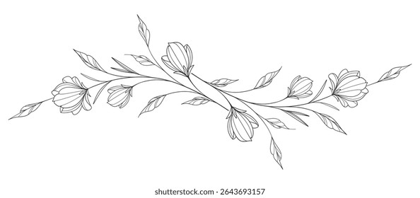 Dibujo de flores y hojas. Tarjeta floral grabada dibujada a mano de Vector. Botánico, rama y flor Boceto de tinta negra. Grande para el tatuaje, invitaciones, tarjetas de felicitación, decoración