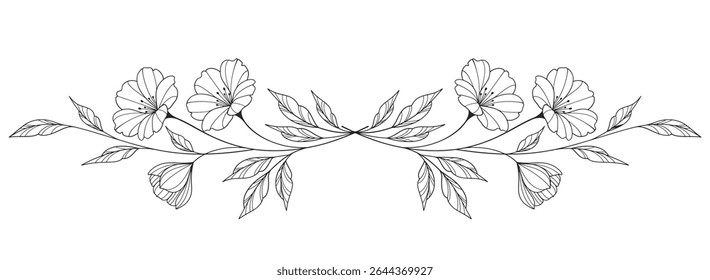 flower and leaves drawing. Vector hand drawn engraved floral card. Botanical, branch and flower Black ink sketch. Great for tattoo, invitations, greeting cards, decor