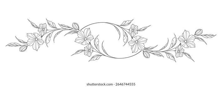 flower and leaves drawing. Vector hand drawn engraved floral card. Botanical, branch and flower Black ink sketch. Great for tattoo, invitations, greeting cards, decor