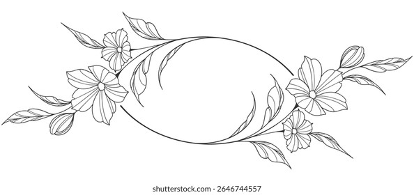 flower and leaves drawing. Vector hand drawn engraved floral card. Botanical, branch and flower Black ink sketch. Great for tattoo, invitations, greeting cards, decor