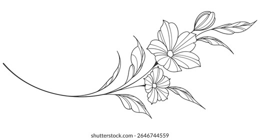 flower and leaves drawing. Vector hand drawn engraved floral card. Botanical, branch and flower Black ink sketch. Great for tattoo, invitations, greeting cards, decor