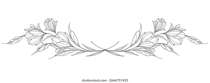 flower and leaves drawing. Vector hand drawn engraved floral card. Botanical, branch and flower Black ink sketch. Great for tattoo, invitations, greeting cards, decor