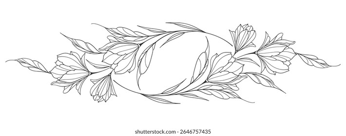 flower and leaves drawing. Vector hand drawn engraved floral card. Botanical, branch and flower Black ink sketch. Great for tattoo, invitations, greeting cards, decor