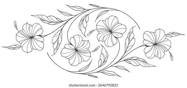 desenho de flores e folhas. Cartão floral gravado desenhado à mão vetor. Botânico, ramo e flor Tinta preta esboço. Ótimo para tatuagem, convites, cartões de saudação, decoração