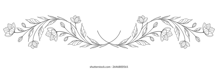 flower and leaves drawing. Vector hand drawn engraved floral card. Botanical, branch and flower Black ink sketch. Great for tattoo, invitations, greeting cards, decor