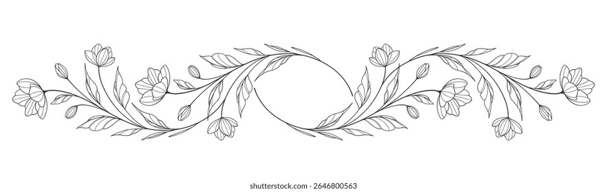 flower and leaves drawing. Vector hand drawn engraved floral card. Botanical, branch and flower Black ink sketch. Great for tattoo, invitations, greeting cards, decor