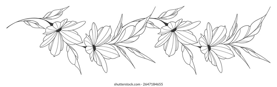 Dibujo de flores y hojas. Tarjeta floral grabada dibujada a mano de Vector. Botánico, rama y flor Boceto de tinta negra. Grande para el tatuaje, invitaciones, tarjetas de felicitación, decoración
