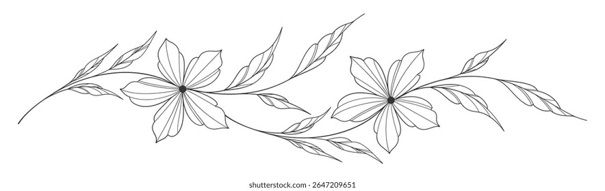flower and leaves drawing. Vector hand drawn engraved floral card. Botanical, branch and flower Black ink sketch. Great for tattoo, invitations, greeting cards, decor