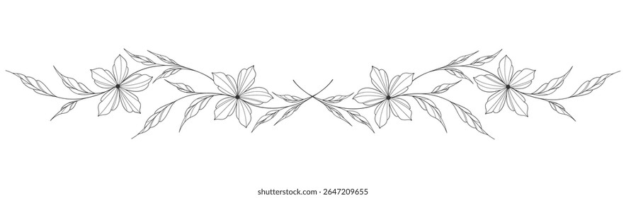 Dibujo de flores y hojas. Tarjeta floral grabada dibujada a mano de Vector. Botánico, rama y flor Boceto de tinta negra. Grande para el tatuaje, invitaciones, tarjetas de felicitación, decoración