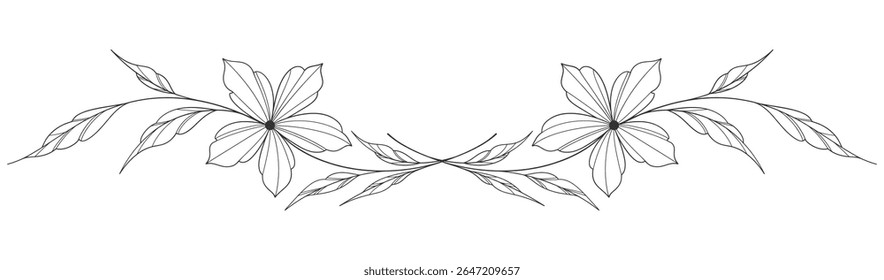 flower and leaves drawing. Vector hand drawn engraved floral card. Botanical, branch and flower Black ink sketch. Great for tattoo, invitations, greeting cards, decor