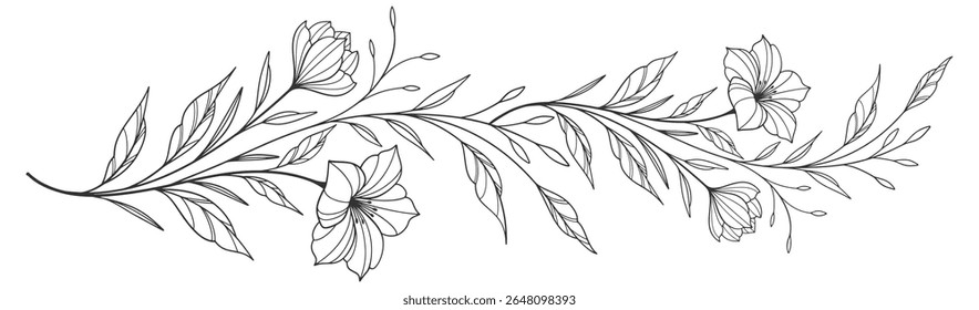 flower and leaves drawing. Vector hand drawn engraved floral card. Botanical, branch and flower Black ink sketch. Great for tattoo, invitations, greeting cards, decor