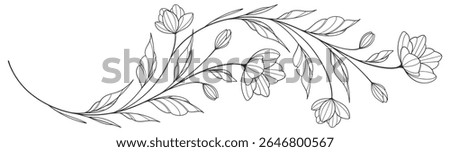 flower and leaves drawing. Vector hand drawn engraved floral card. Botanical, branch and flower Black ink sketch. Great for tattoo, invitations, greeting cards, decor